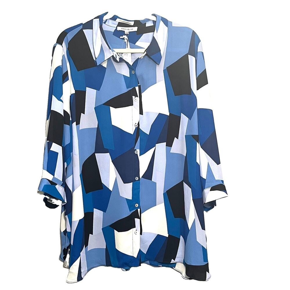 NEW Rose & Olive Blue Tunic Blouse Button Down 3/4 Sleeves Womens Plus Size 3X